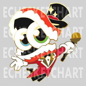 May include: A whimsical cartoon character with large eyes, wearing a red and white outfit, a black top hat with gold stars, and holding a gold microphone. The character has a white face and hands, with a gold outline.