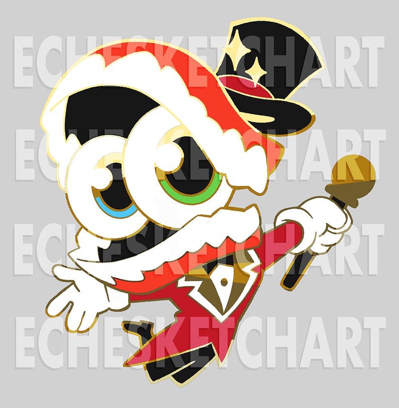May include: A whimsical cartoon character with large eyes, wearing a red and white outfit, a black top hat with gold stars, and holding a gold microphone. The character has a white face and hands, with a gold outline.