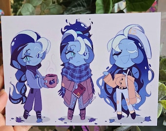 May include: Three cartoon characters with blue skin and white hair. The character on the left is holding a cup of coffee. The character in the middle is wearing a plaid scarf and holding a book. The character on the right is wearing a white shirt and a brown jacket.