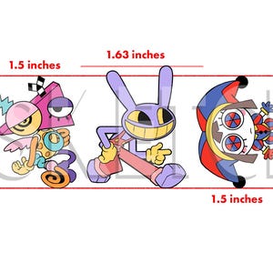 May include: A series of seven cartoon character designs, each with unique features and colors. Measurements are provided in inches. The characters include a Santa-like figure, a red and black design, a geometric creature, a purple rabbit, a clock-like figure, a doll, and a green-eyed character.