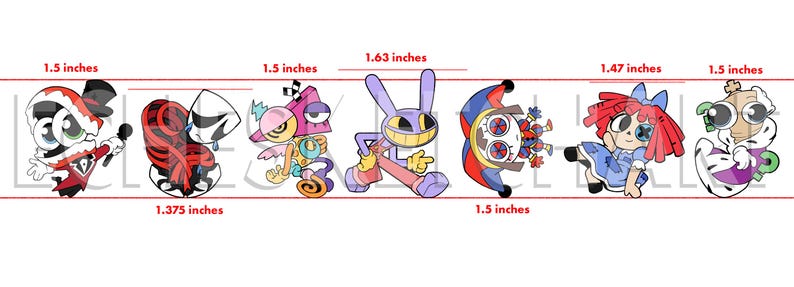 May include: A series of seven cartoon character designs, each with unique features and colors. Measurements are provided in inches. The characters include a Santa-like figure, a red and black design, a geometric creature, a purple rabbit, a clock-like figure, a doll, and a green-eyed character.