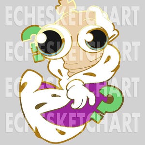 May include: A cartoon character with large eyes, a crown, and a white robe. The character is holding a purple object with a green question mark. The background is gray, and the image has the text "ECHESKETCHART" repeated.