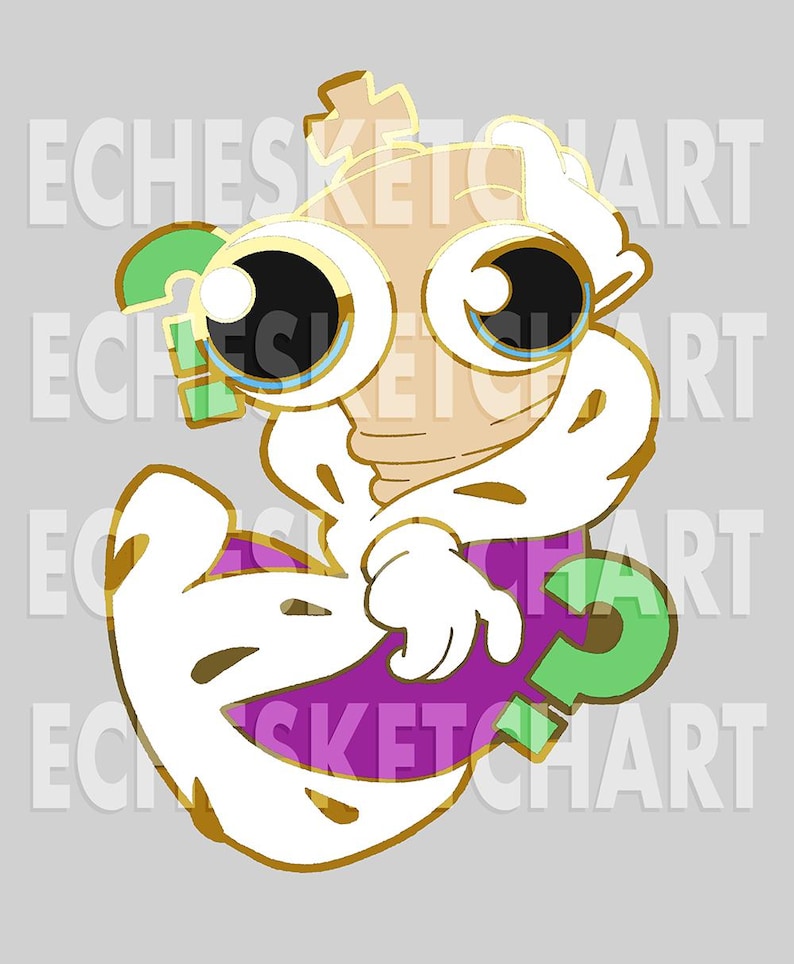May include: A cartoon character with large eyes, a crown, and a white robe. The character is holding a purple object with a green question mark. The background is gray, and the image has the text "ECHESKETCHART" repeated.