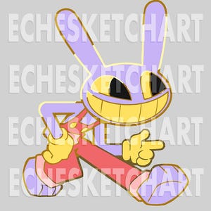 May include: A cartoon illustration of a purple rabbit-like character with a large yellow grin and black eyes. The character is wearing red pants, yellow gloves, and is pointing with one hand. The text "ECHESKETCHART" is repeated across the image.