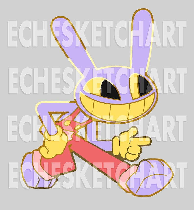 May include: A cartoon illustration of a purple rabbit-like character with a large yellow grin and black eyes. The character is wearing red pants, yellow gloves, and is pointing with one hand. The text "ECHESKETCHART" is repeated across the image.
