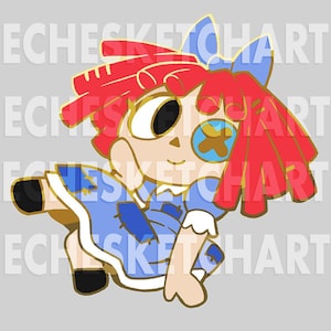 May include: A cartoon-style pin featuring a Raggedy Ann doll design. The doll has red yarn hair, a blue dress, and a blue bow. The pin has gold accents and the text "ECHESKETCHART" is visible in the background.