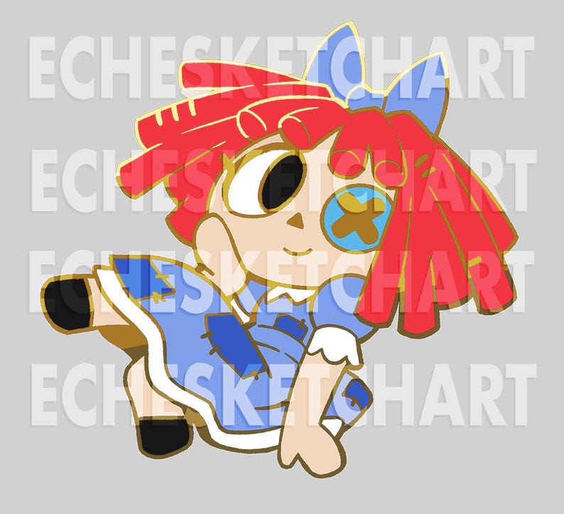 May include: A cartoon-style pin featuring a Raggedy Ann doll design. The doll has red yarn hair, a blue dress, and a blue bow. The pin has gold accents and the text "ECHESKETCHART" is visible in the background.