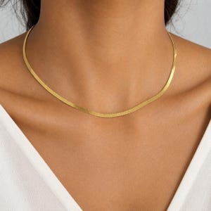 Golden stainless steel necklace, necklace flush with neck, fine mesh chain and serpentine plate, minimalist women's necklace, gift for her