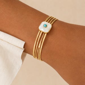 BRACELET JONC multi-strap adorned mother-of-pearl and gold blue resin stone in stainless steel bracelet water resistant and hypoallergic