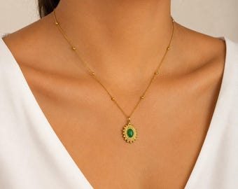 Stainless steel necklace with ball chain and oval pendant, natural green agate stone / Minimalist women's necklace