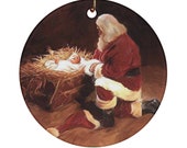 Santa Praying Over Baby Jesus Round Ornament, Kneeling Claus Christian Christmas Decoration Gift, Birth of Jesus Present