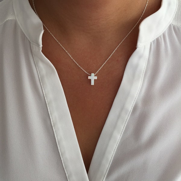 Opal Cross Necklace with Silver Chain , White Opal Cross , Pink Opal Cross , Blue Opal Cross , bırthday gıft