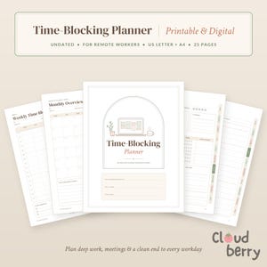 Time Blocking Planner Printable, Undated Daily & Weekly Planner for Remote Work, Hyperlinked PDF