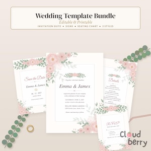 Könnte beinhalten: Ein Hochzeitsvorlagen-Set mit bearbeitbaren und druckbaren Einladungen, Schildern und Sitzplänen. Die weißen Karten zeigen rosa Blumenillustrationen, grüne Blätter und schwarzen Text mit den Namen Emma und James.