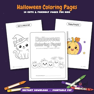 Könnte beinhalten: Eine Sammlung von Halloween-Malvorlagen mit einem zentralen Deckblatt mit dem Titel Halloween Coloring Pages, das Illustrationen von Kürbissen, einem Geist und einer Katze zeigt, flankiert von zwei einzelnen Seiten mit einer Katze.