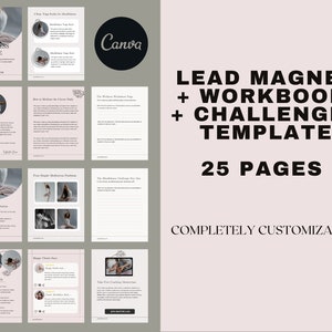 May include: A pink and white digital download template for a wellness guide, lead magnet, workbook, and challenge. The template includes 25 pages and is completely customizable. The text "Canva" is visible in the image.