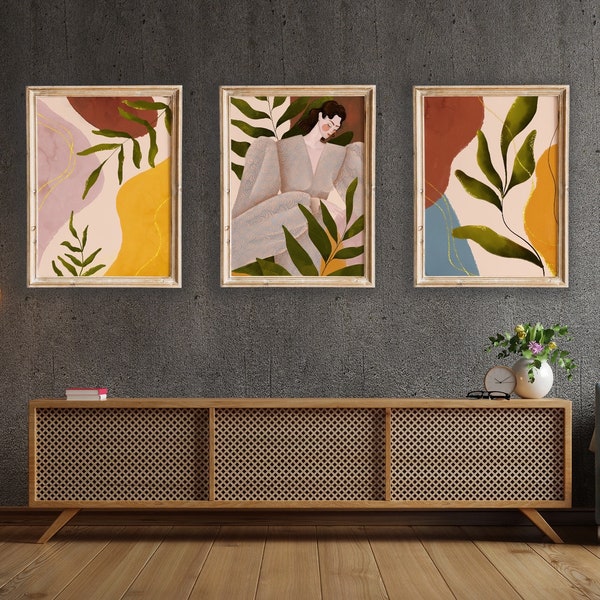 WOMAN GOLD PLANT/set of 3 posters, female illustration, wall decor, gift for plant lady, leaves, nature, new home gift