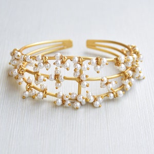 Pearl Cuff Bracelet, Gold Plated Adjustable Cuff, Handmade Boho Chic Bracelet, Statement Pearl Jewelry, Hypoallergenic