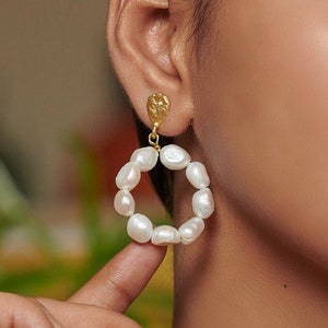 Freshwater Pearl Hoop Earrings | Handmade Organic Pearl Circle Hoops | Hypoallergenic & Gold-Plated | Lightweight Statement Jewelry
