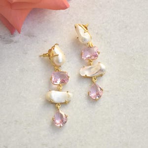 Pink Crystal Pearl Earrings | Romantic Gold-Plated Dangle Earrings | Handmade Long Drop Earrings for Bridesmaids & Weddings