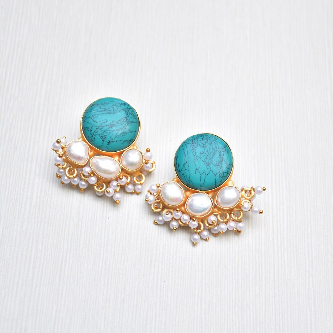 Turquoise With Freshwater Pearl Earring Handmade Pearl - Etsy