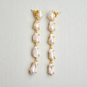 Elegant Long Baroque Pearl Drop Earrings | Gold Plated Linear Bridal Earrings | Statement Dangle Jewelry for Women | Gift for Her