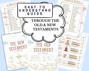 May include: A guide to understanding the Old and New Testaments. The guide includes a table of contents for both the Old and New Testaments, as well as illustrations of key events from each testament. The guide is titled "Easy to Understand Guide Through the Old & New Testaments".