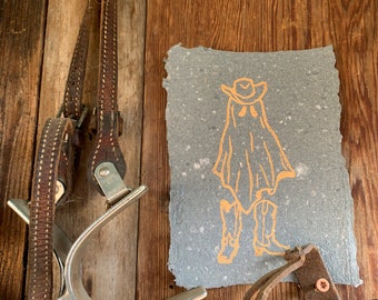 Polterfolk - Linocut Print on Handmade Paper - Cowboy Ghost