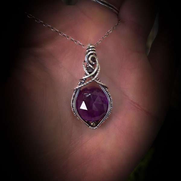 Amethyst Crystal Necklace, faceted amethyst pendant wrapped in .925 sterling silver, rosecut amethyst necklace, handmade amethyst jewelry