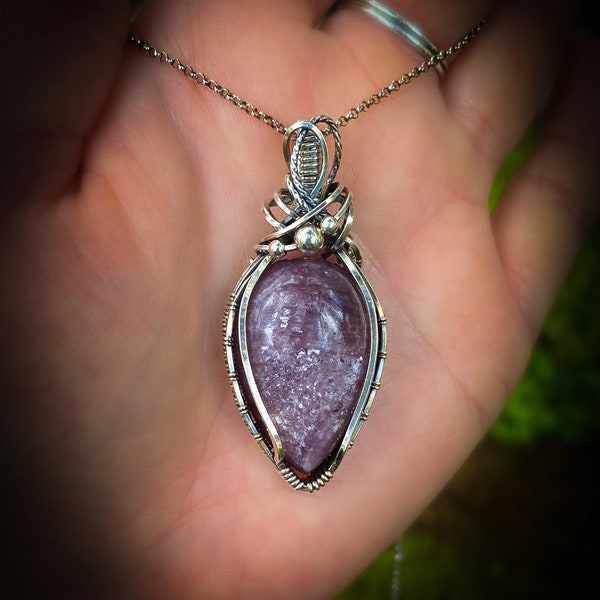 Lepidolite Crystal Pendant in Antiqued .925 Sterling, Handmade lepidolite Necklace, Silver lepidolite Jewelry