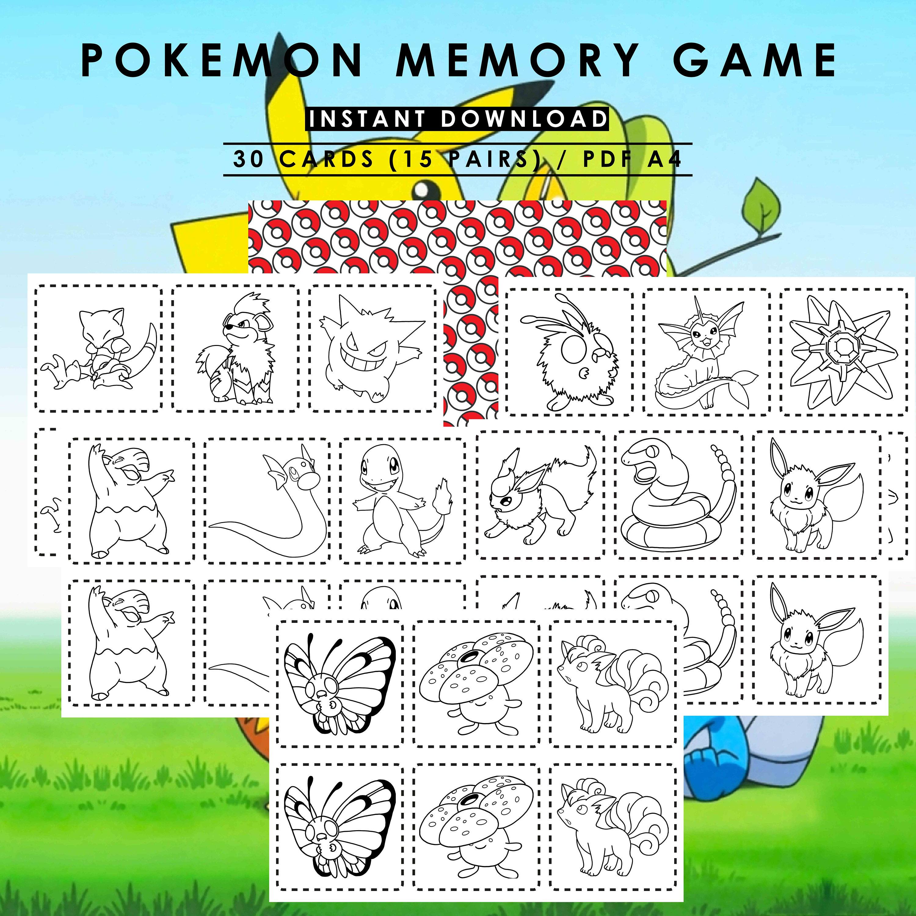 Pokemon Coloring Memory Game, Digital Product, Instant Download, PDF A4