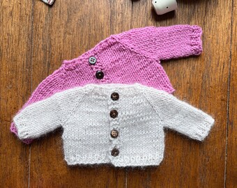 Winter chores cardigan for March doll and Buttercup bear, PDF knitting pattern