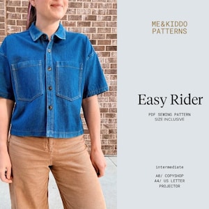May include: A blue denim short-sleeve shirt with two front pockets and button closures. The shirt is paired with tan corduroy pants. The text "Easy Rider" and "ME&KIDDO PATTERNS" are visible.