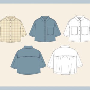 May include: An illustration of five short-sleeved button-down shirts. The shirts are in various colours and patterns, including a yellow and white checkered pattern, solid blue, and white. The shirts have a collared neckline and a pocket on the chest.