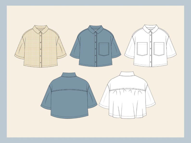 May include: An illustration of five short-sleeved button-down shirts. The shirts are in various colours and patterns, including a yellow and white checkered pattern, solid blue, and white. The shirts have a collared neckline and a pocket on the chest.