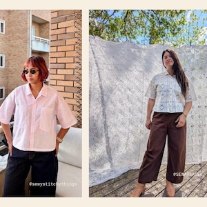 May include: Two images displaying shirts and trousers. The first shows a pink striped shirt with a pocket, paired with dark trousers. The second features a patterned shirt and brown trousers. Both outfits are casual and modern.