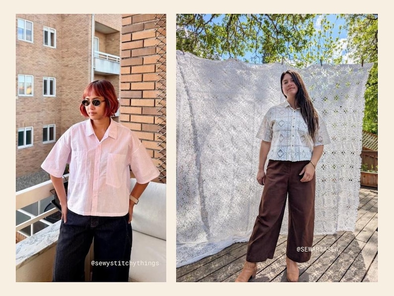 May include: Two images displaying shirts and trousers. The first shows a pink striped shirt with a pocket, paired with dark trousers. The second features a patterned shirt and brown trousers. Both outfits are casual and modern.