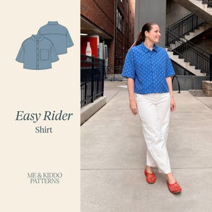 May include: A short-sleeved button-down shirt with a blue and pink geometric pattern, a collar, and a chest pocket. The shirt is paired with white trousers and red woven shoes. Text on the image reads Easy Rider Shirt and ME & KIDDO PATTERNS.