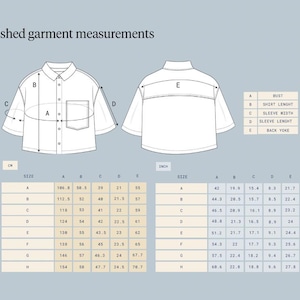 May include: Diagram of a white shirt with measurements in cm and inches. The diagram shows bust, shirt length, sleeve width, sleeve length, and back yoke measurements for sizes A to H. The text reads 'Finished garment measurements'.
