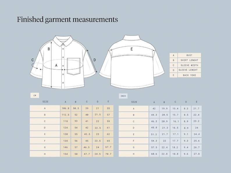 May include: Diagram of a white shirt with measurements in cm and inches. The diagram shows bust, shirt length, sleeve width, sleeve length, and back yoke measurements for sizes A to H. The text reads 'Finished garment measurements'.