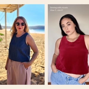 May include: Two women modeling sleeveless tops. One wears a dark blue top with light pink pants on a beach. The other wears a red top with blue jeans. The text "Sewing with visuals" and "Gracefully vintage" are visible.