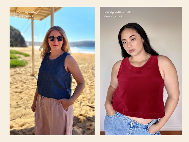 May include: Two women modeling sleeveless tops. One wears a dark blue top with light pink pants on a beach. The other wears a red top with blue jeans. The text "Sewing with visuals" and "Gracefully vintage" are visible.