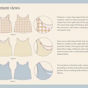 May include: Diagram of three tank top designs, labeled View A, B, and C. View A features a tan and white checkered pattern. View B is a solid tan color. View C is a solid light blue color. The image includes close-up details of the neckline.