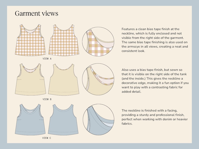 May include: Diagram of three tank top designs, labeled View A, B, and C. View A features a tan and white checkered pattern. View B is a solid tan color. View C is a solid light blue color. The image includes close-up details of the neckline.