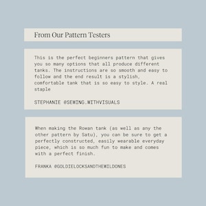 May include: Text on a light blue background reads "From Our Pattern Testers." Below, text describes a beginner's pattern for tanks, followed by a testimonial from Stephanie @sewing.withvisuals. Another testimonial from Franka @goldielocksandthewildones follows.