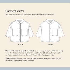 May include: Illustration of two shirt designs, labelled View A and View B, with text detailing front and back construction options. View A has a classic button placket, View B offers a cleaner, minimal front.