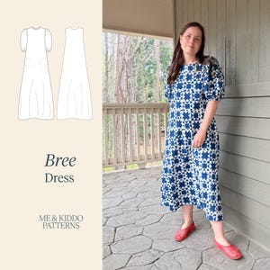 May include: A midi-length dress with a blue and white geometric star pattern, featuring puff sleeves and a round neckline. The text on the left reads Bree Dress and ME & KIDDO PATTERNS, accompanied by a line drawing of the dress design.
