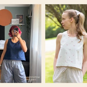 May include: Two women modeling sleeveless tops and shorts. One top is navy blue, the other is white with a small red floral pattern. The shorts are gray and striped. The text "sawystitchythings View C, size C" and "jenniongelma View C, size A" are visible.