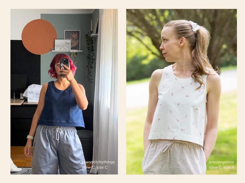 May include: Two women modeling sleeveless tops and shorts. One top is navy blue, the other is white with a small red floral pattern. The shorts are gray and striped. The text "sawystitchythings View C, size C" and "jenniongelma View C, size A" are visible.
