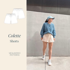 May include: A pair of light-colored, checkered shorts with an elastic waistband and drawstring, paired with a blue ribbed cardigan, a light blue baseball cap, and white sneakers. The text reads Colette Shorts and ME & KIDDO PATTERNS.